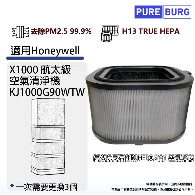 PUREBURG 適用Honeywell X1000航太級空氣清淨機KJ1000G90WTW 高效2合1活性碳HEPA濾網濾心KJ1000G90HFTW