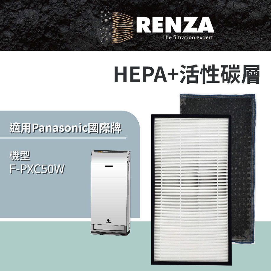 RENZA HEPA加活性碳 適配 Panasonic 空氣清淨機濾芯 F-PXC50W 可替換 F-ZXCP50W F-ZXCD50W