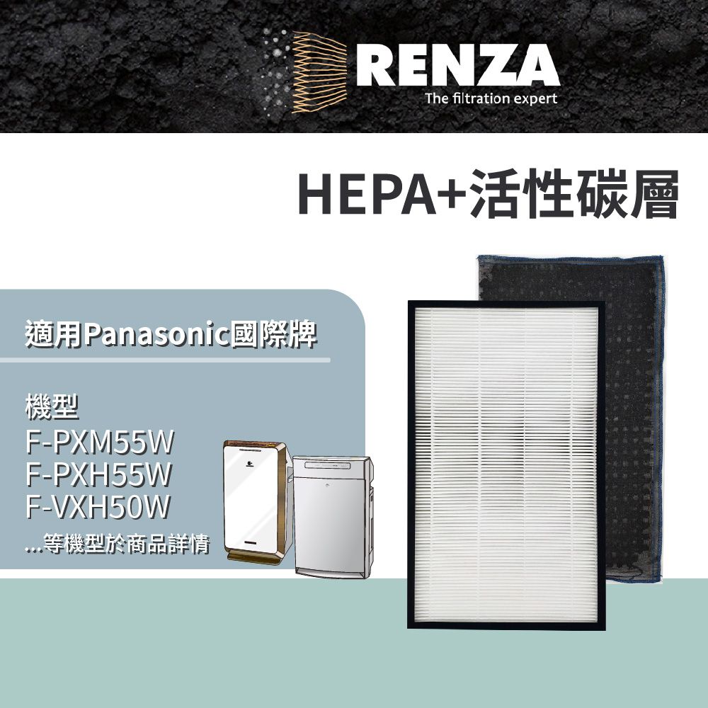 RENZA HEPA加活性碳 適配 Panasonic 空氣清淨機濾芯 F-PXM55W 可替換 F-ZXHD55W F-ZXMP55W