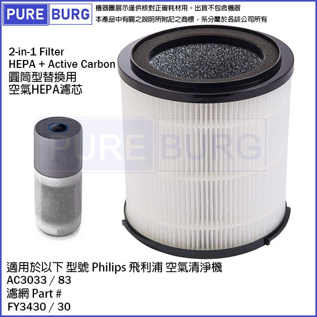 PUREBURG 適用飛利浦PHILIPS AC3033 / 83直立式奈米級濾淨空氣清淨機2合1圓桶型濾網濾心# FY3430 / 30