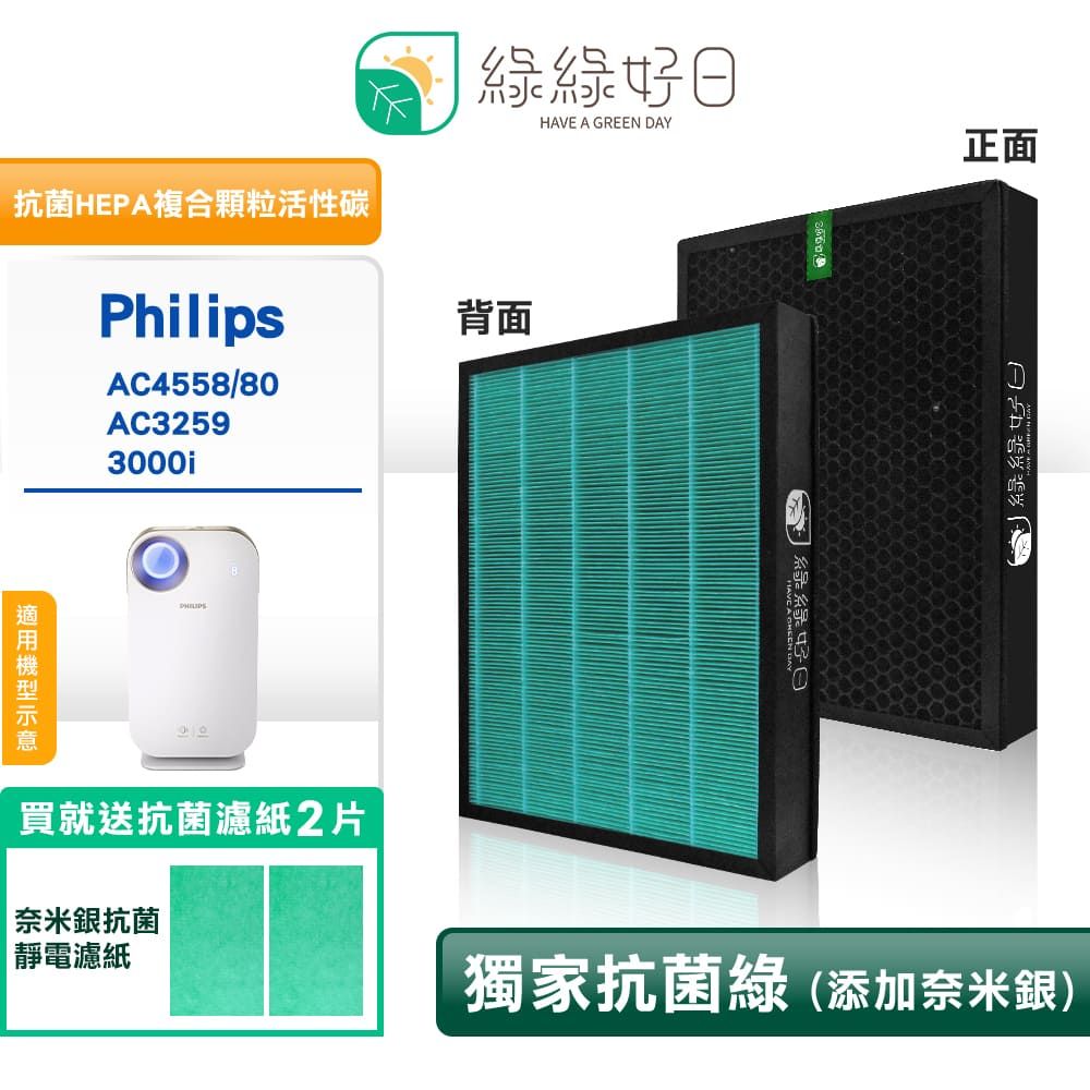 綠綠好日  適用 Philips 飛利浦 AC4558 AC3259 3000i 抗菌 濾網 複合 顆粒活性碳 濾芯