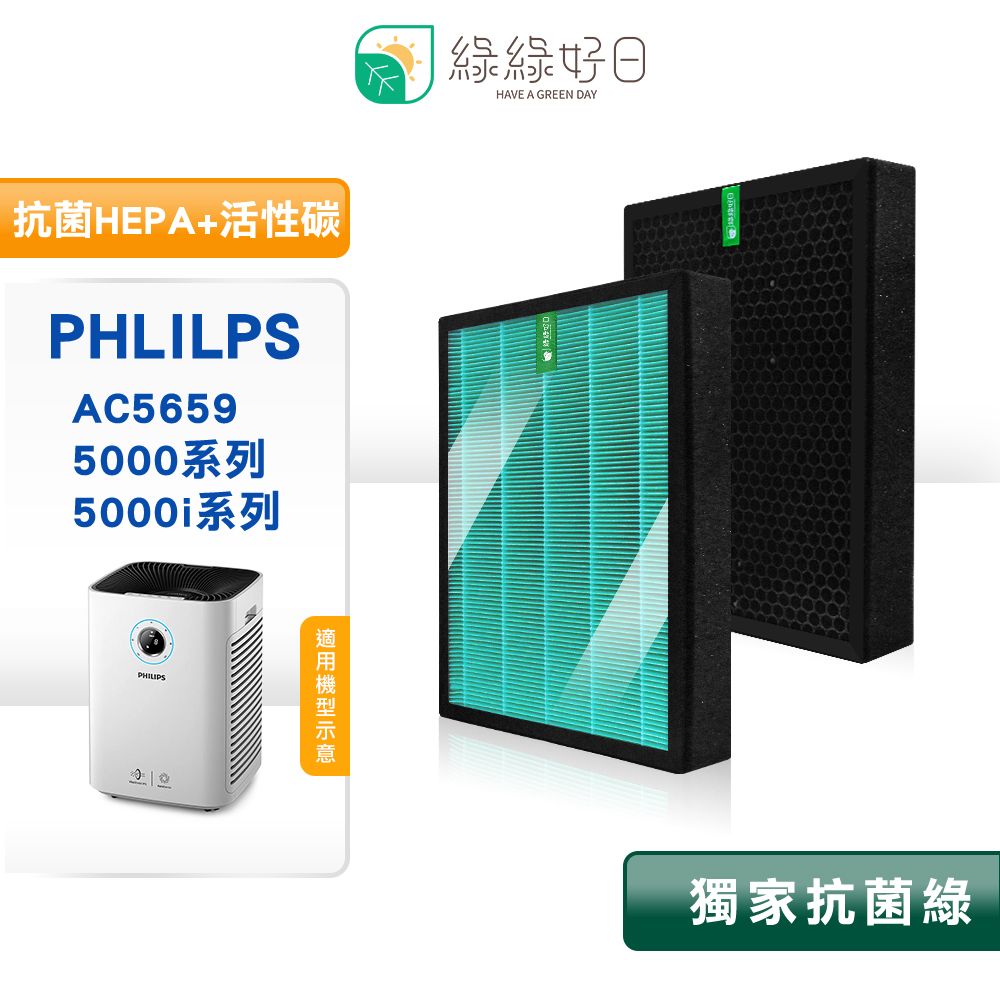 綠綠好日  適用 Philips 飛利浦 AC5659 5000 5000i 系列 抗菌版 濾芯 蜂顆活性碳濾網