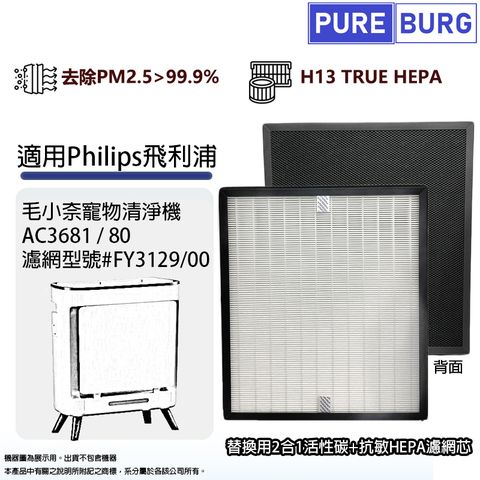 PUREBURG 適用Philips飛利浦AC3681/80毛小奈寵物空氣清淨機3合1除臭活性碳+抗敏HEPA濾網濾芯FY3129/00