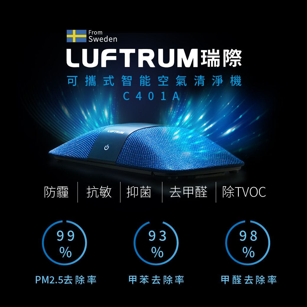 From 瑞際可攜式智能空氣清淨機C401 ALUFTRUM防霾抗敏抑菌去甲醛除TVOC99%9398%%PM2.5去除率甲苯去除率甲醛去除率