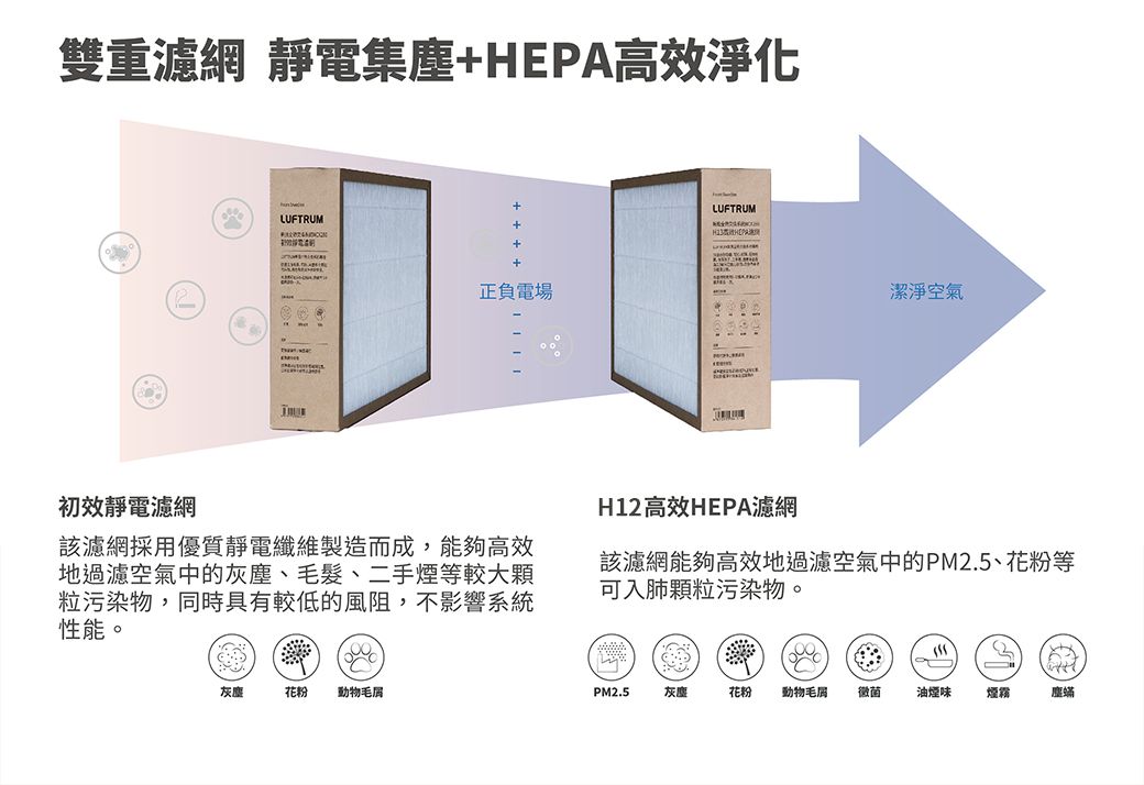 雙重濾網 靜電集塵HEPA高效淨化LUFTRUM   +正負電場----初效靜電濾網該濾網採用優質靜電纖維製造而成,能夠高效地過濾空氣中的灰塵、毛髮、二手等較大顆粒污染物,同時具有較低的風阻,不影響系統性能。灰塵花粉動物毛LUFTRUM潔淨空氣H1高效HEPA濾網該濾網能夠高效地過濾空氣中的PM2.5、花粉等可入肺顆粒污染物。2PM2.5灰塵花粉 動物毛 徽菌油煙味煙塵蟎