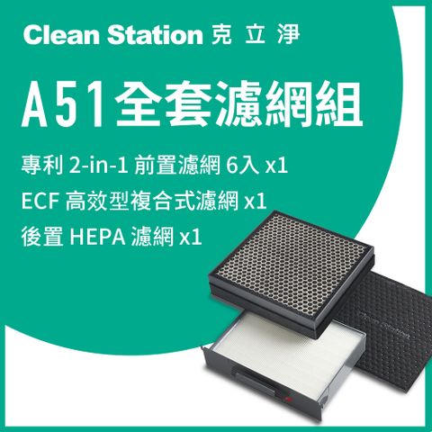 克立淨 A51 全套濾網組前置濾網 6 片*1組/ECF高效型複合式濾網 1 入/HEPA濾網 1 入約可用13-21個月