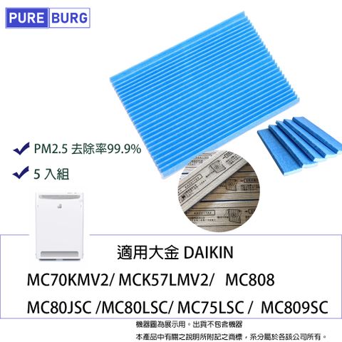 適用DAIKIN大金 MC75LSC MC809SC MC80LSC MC75JSC 副廠藍色光觸媒褶皺過濾網 5入組