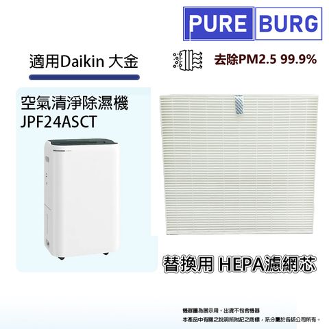 PUREBURG 適用Daikin 大金JPF24ASCT 12公升一級效能空氣清淨除濕機替換用高效HEPA濾網濾芯