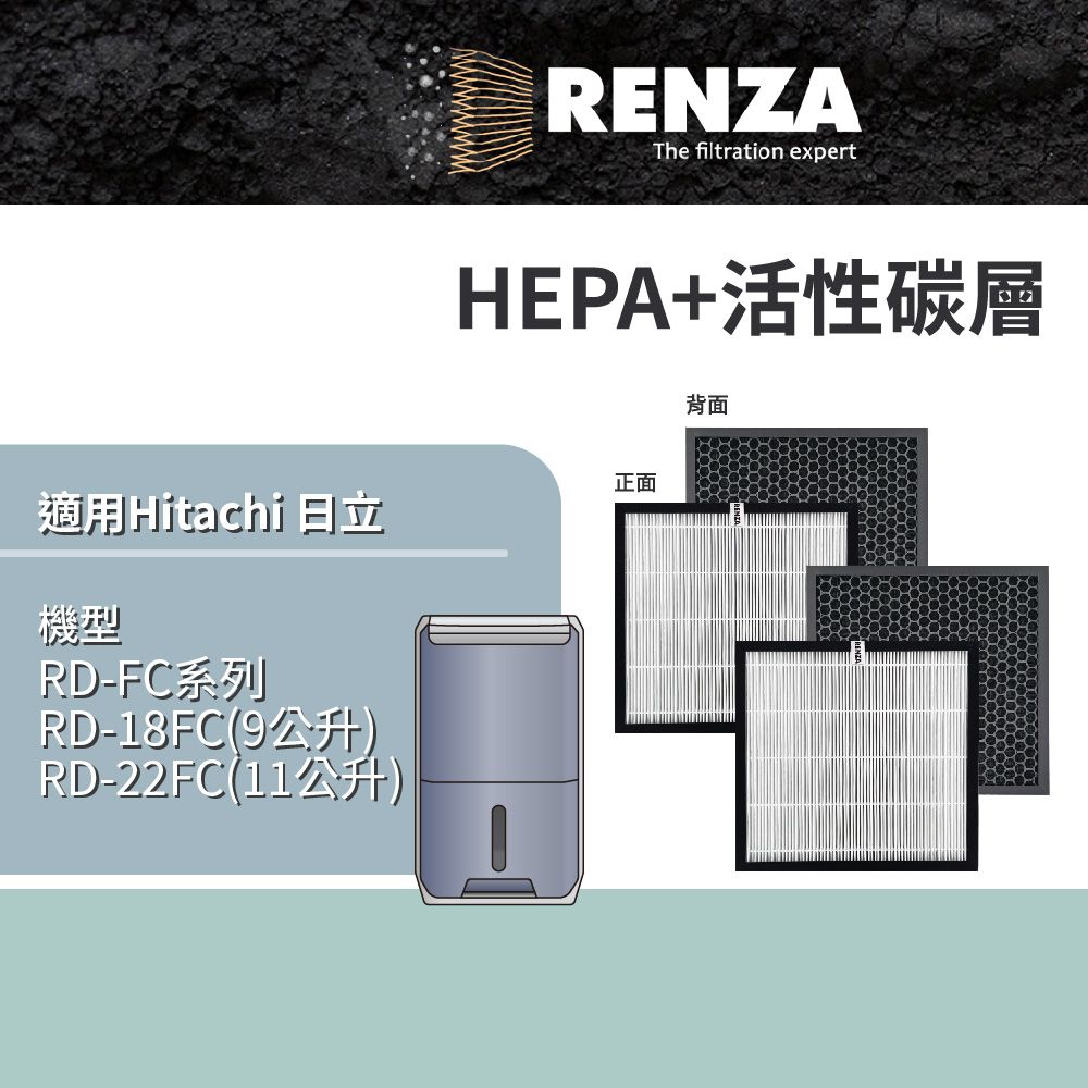 RENZA 適用 Hitachi 日立 RD-22FC RD-18FC RD-FC系列 清淨型除濕機 HEPA+活性碳 濾網 濾芯 濾心 2入組