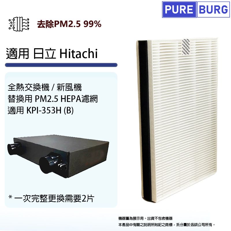 PUREBURG 適用Hitachi日立KPI-353H(B)全熱交換器/新風機替換用PM2.5 HEPA濾網濾芯