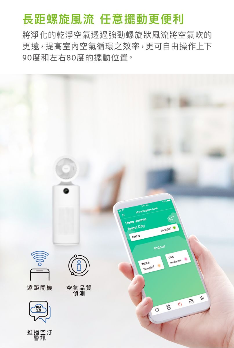 長距螺旋風流 任意擺動更便利將淨化的乾淨空氣透過強勁螺旋狀風流將空氣吹的更遠,提高室內空氣循環之效率,更可自由操作上下90度和左右80度的擺動位置遠距開機空氣品質偵測PM1.0推播空汙警訊AMMy acerpure Hel JennieTaipei CityPM2.5 /m²IndoorPM2.5GAS/m²moderate。lo