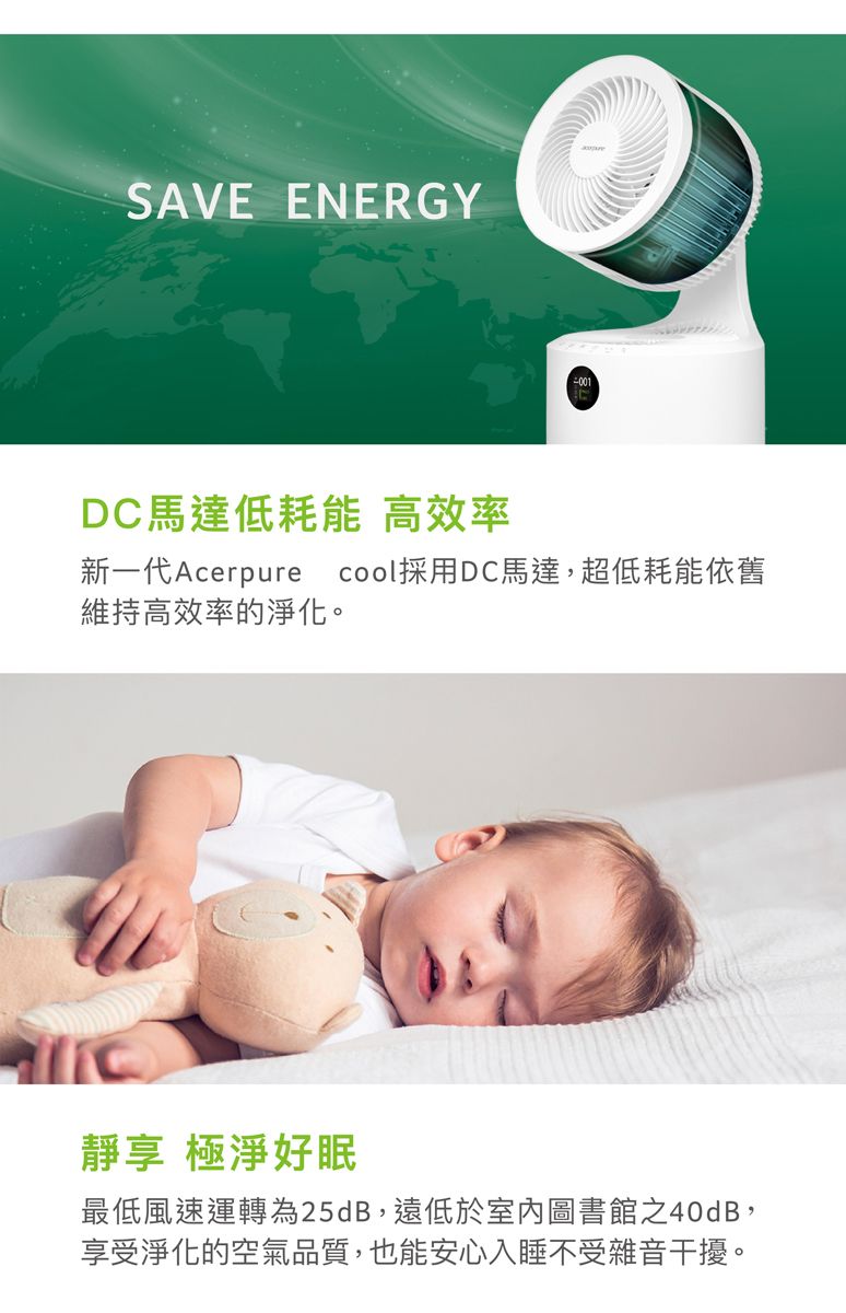 SAVE ENERGYDC馬達低耗能 高效率新一代Acerpure cool採用DC馬達,超低耗能依舊維持高效率的淨化。靜享 極淨好眠最低風速運轉為25dB,遠低於室內圖書館之40dB,享受淨化的空氣品質,也能安心入睡不受雜音干擾。