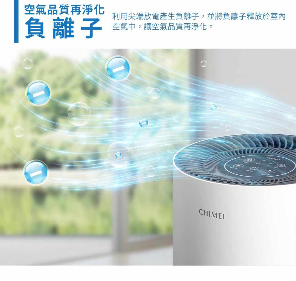 空氣品質再淨化負離子利用尖端放電產生負離子,並將負離子釋放於室內空氣中,讓空氣品質再淨化。CHIMEICHIME