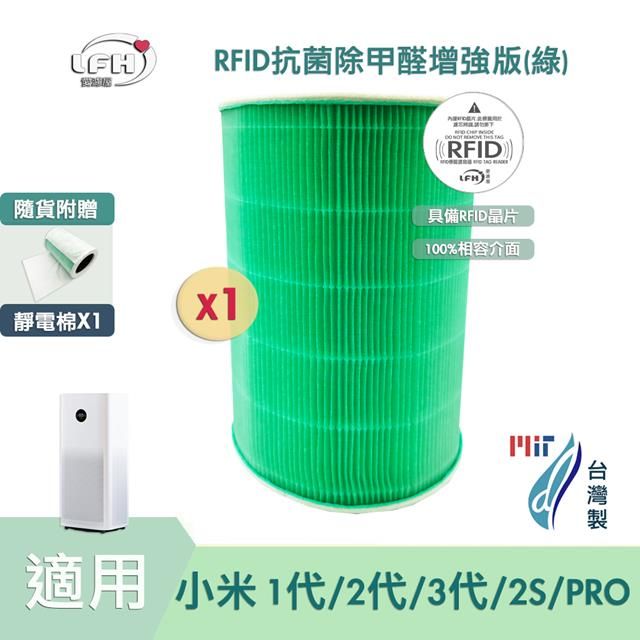  HEPA濾芯 RFID 抗菌除甲醛增強版(綠)  贈靜電棉 適用 米家 小米 1代 2代 3代 2S Pro 空氣淨化器 台灣製