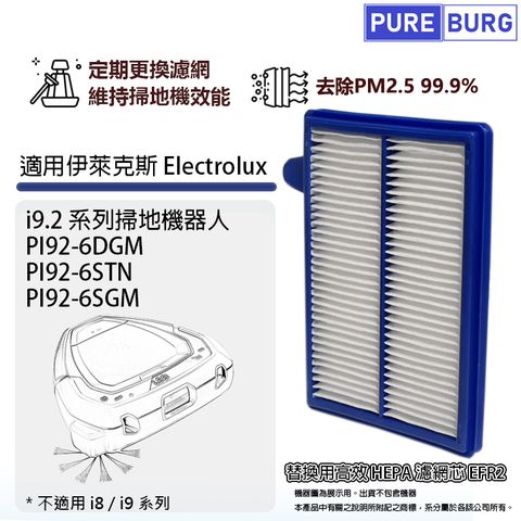 PUREBURG 適用伊萊克斯Electrolux Pure i9.2系列PI92-6DGM PI92-6STN PI92-6SGM掃地機器人替換用HEPA濾網濾芯