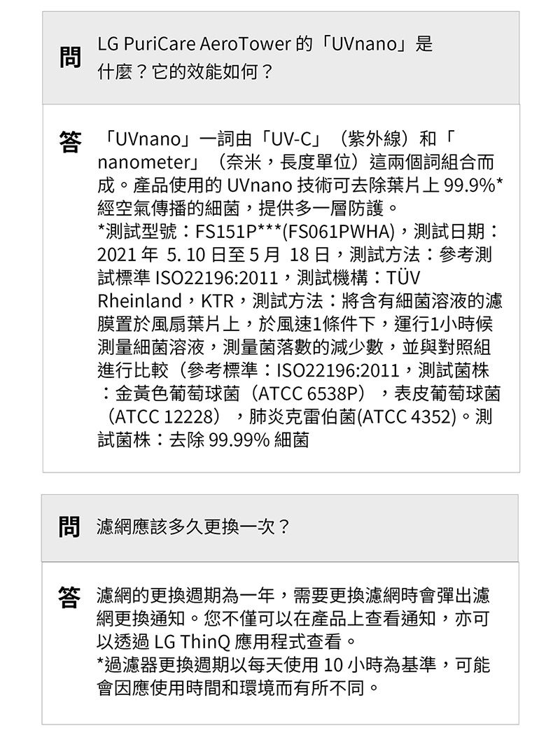 LG PuriCare AeroTower 的nano」是問什麼?它的效能如何?答 「UVnano」一詞由「UV-C」(紫外線)和「nanometerj (奈米,長度單位)這兩個詞組合而成。產品使用的 UVnano 技術可去除葉片上99.9%*經空氣傳播的細菌,提供多一層防護。*測試型號FS151P***(FS061PWHA),測試日期2021 年 5. 10 日至5月18日,測試方法:參考測試標準 ISO22196:2011,測試機構:TÜVRheinland,KTR,測試方法:將含有細菌溶液的濾膜置於風扇葉片上,於風速1條件下,運行1小時候測量細菌溶液,測量菌落數的減少數,並與對照組進行比較(參考標準:ISO22196:2011,測試菌株:金黃色葡萄球菌(ATCC6538P) 表皮葡萄球菌(ATCC 12228),肺炎克雷伯菌(ATCC 4352)。測試菌株:去除 99.99%細菌問 濾網應該多久更換一次?答 濾網的更換週期為一年,需要更換濾網時會彈出濾網更換通知。您不僅可以在產品上查看通知,亦可以透過 LG ThinQ應用程式查看。*過濾器更換週期以每天使用10小時為基準,可能會因應使用時間和環境而有所不同。