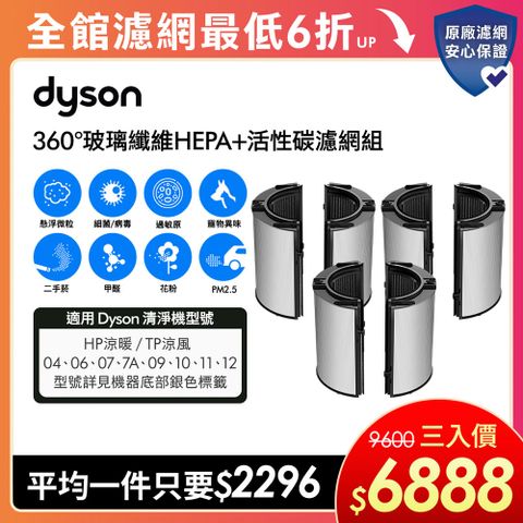 【dyson 戴森】04/06/07/09/10系列 360°玻璃纖維HEPA+活性碳濾網(三入組)
