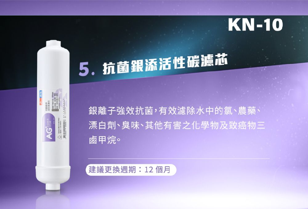 AG5.抗菌添活性碳濾芯KN-10銀離子強效抗菌,有效濾除水中的氯、農藥、漂白劑、臭味、其他有害化學物及致癌物三鹵甲烷。建議更換週期:12 個月