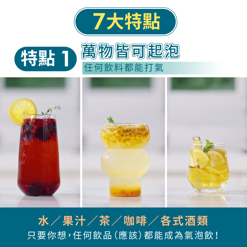 7大特點萬物皆可起泡特點1任何飲料都能打氣水/果汁/茶/咖啡/各式酒類只要你想,任何飲品(應該)都能成為氣泡飲!
