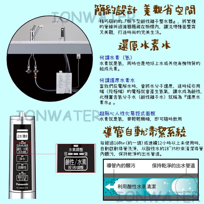 簡約設計美觀省空間精巧簡約的『櫥下型鹼性離子整水器,將繁複的管線與過濾器隱藏在櫥櫃,讓流理檯面整齊又美觀,打造時尚的完美生活。還原水水何謂水素()水素就是氩,同時也是地球上水或其他有機物質的組成元素。何謂還原水素水當我們在電解水時,會將水分子還原,這時候引用端(陰極端)的電極就會產生氣,讓水成為鹼性,此種富含氫分子水(鹼性離子水)就稱為『還原水素水』。超貼心人性化易控式面板 水素就是氩,要輕輕觸碰,即可隨時飲用 止水/通水水素鹼性/水素3調整水素調整弱淨水鹼性/水素弱酸性按3調整導管自動清潔系統每經過160hr(約一週)或連續12小時以上未使用時,自動啟動導管洗淨,以酸性水約18~35秒來清潔導管內髒污,保持乾淨的出水管道。導管內的髒污保持乾淨的出水管道重新設定按3秒PanasonicTK--ZTA利用酸性水來清潔