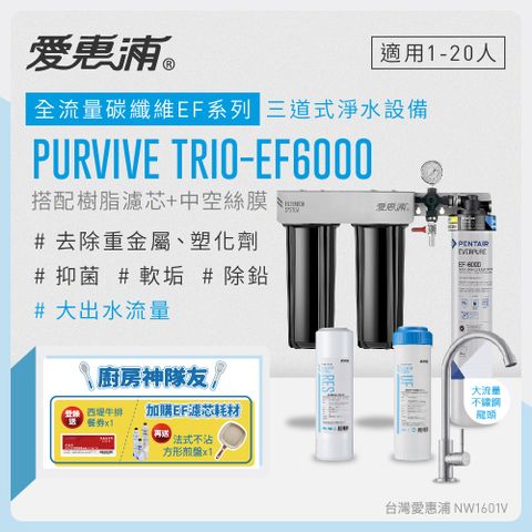 EVERPURE 愛惠浦 櫥下型 PURVIVE Trio-EF6000大流量不鏽鋼龍頭三道式生飲淨水器(前置樹脂+中空絲膜)