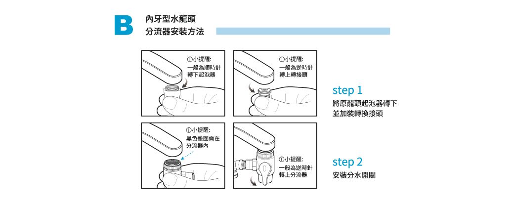 B內牙型水龍頭分流器安装方法①小提醒:①小提醒:一般為順時針下起泡器一般為逆時針轉上轉接頭①小提醒:黑色需在分流器內①小提醒:step 1將原龍頭起泡器轉下並加裝轉換接頭step 2一般為逆時針轉上分流器安裝分水開關