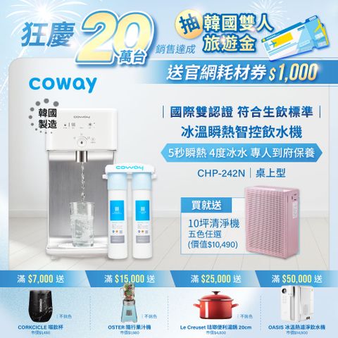 【Coway】冰溫瞬熱桌上型飲水機 淨水器 CHP-242N(原廠安裝/贈前置軟水濾芯)