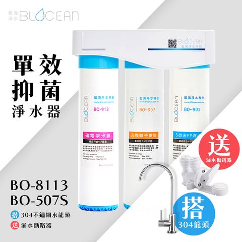 BLOCEAN 藍海淨水 BO-8113-單效抑菌淨水器 + BO-507S 台灣製造無鉛304不鏽鋼龍頭