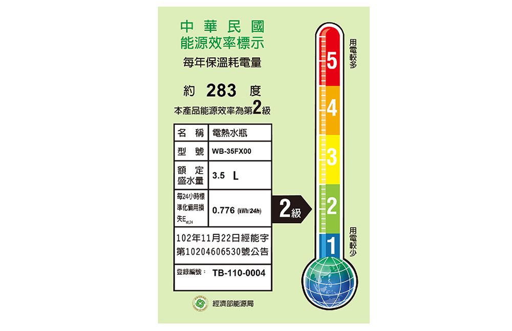 中華民國能源效率標示每年保溫耗電量 83 度本產品能源效率名 稱 電熱水瓶型號 WB-35FX00額定 3.5 L盛水量 每小時標準化損 0.776 (kWh/24h)22 24 102年11月22日經能字| 第10204606530號公告登錄編號: TB-110-0004經濟部能源局