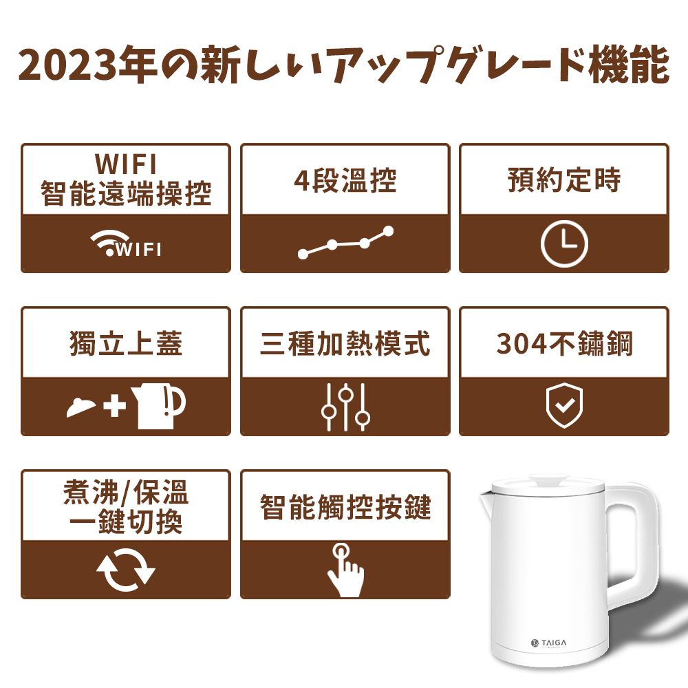 2023年機能WIFI智能遠端操控4段溫控預約定時LWIFI獨立上蓋三種加熱模式304不鏽鋼 煮沸/保溫智能觸控按鍵一鍵切換TAIGA