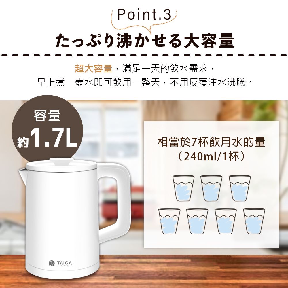 Point.3たっぷり沸かせる大容量超大容量,滿足一天的飲水需求,早上煮一壺水即可飲用一整天,不用反覆注水沸騰。容量約1.7LTTAIGA相當於7杯飲用水的量(240ml/1杯)