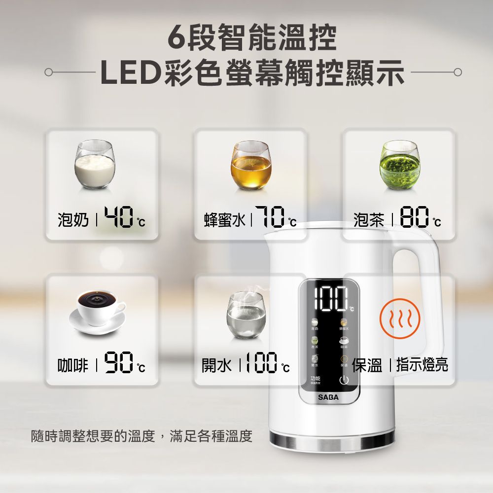 6段智能溫控LED彩色螢幕觸控顯示泡奶  蜂蜜泡茶180咖啡開水 1100水保溫 指示燈亮隨時調整想要的溫度,滿足各種溫度SABA