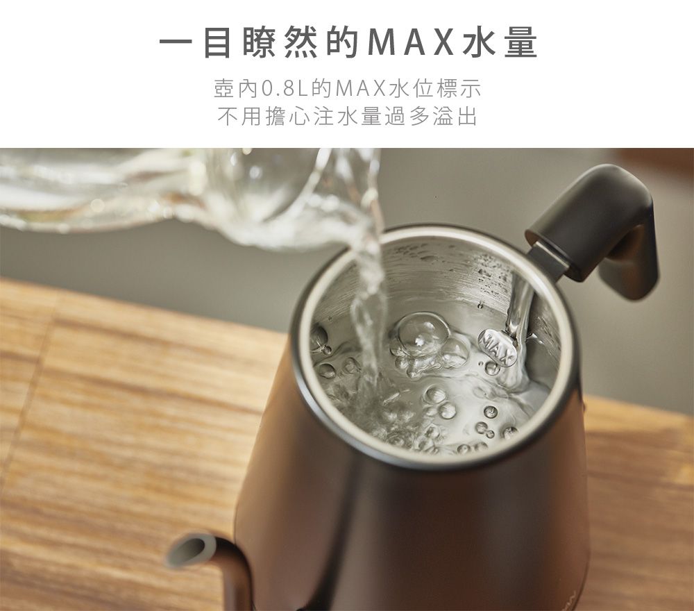 一目瞭然的MAX水量壺內的MAX水位標示不用擔心注水量過多