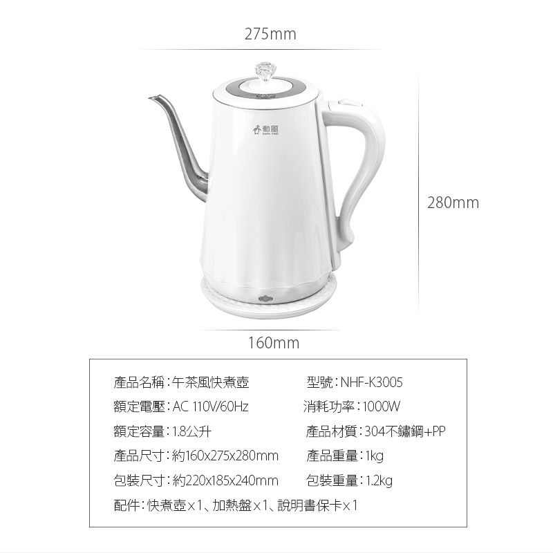 275mm風280mm160mm產品名稱:午茶風快煮壺額定電壓:AC 110V/60Hz額定容量:1.8公升型號:NHF-K3005消耗功率:1000W產品材質:304不鏽鋼+PP產品尺寸:約160x275x280mm產品重量:1kg包裝尺寸:約22085x240mm包裝重量:1.2kg配件:快煮壺x1、加熱盤x1、說明書保卡x1