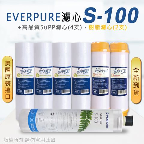 EVERPURE 愛惠浦 美國原廠平行輸入 S100 濾心+高品質前置5uPP濾心+樹脂濾心(7支組)