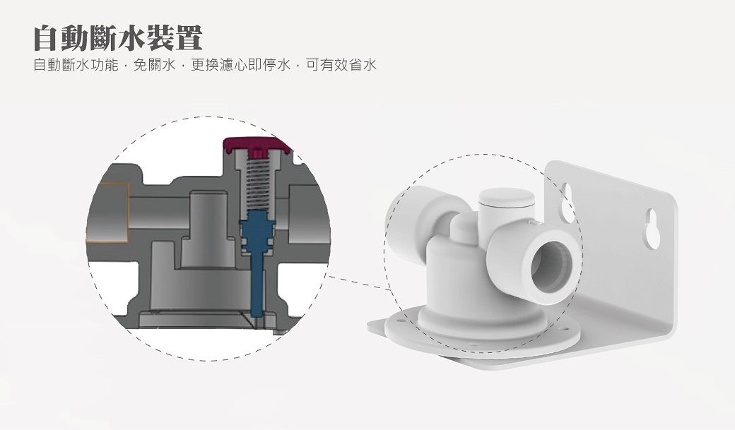 自動斷水裝置自動斷水功能,免關水,更換濾心即停水,可有效省水