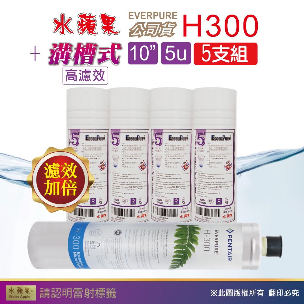 EssenPure 水蘋果 WAP-110高濾效10吋溝槽5uPP+Everpure公司貨H300濾心(5支組)