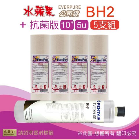 EssenPure 水蘋果 抗菌版10英吋5微米PP濾心+公司貨BH2濾心(5支組)