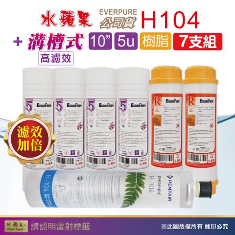 EssenPure 水蘋果 WAP-110高濾效10吋溝槽5uPP+樹脂濾心+Everpure公司貨H104濾心(7支組)