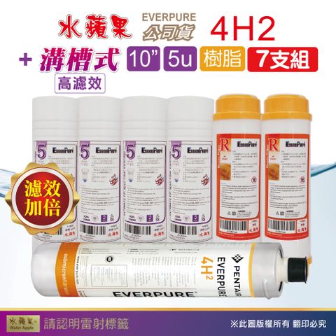 EssenPure 水蘋果 WAP-110高濾效10吋溝槽5uPP+樹脂濾心+Everpure公司貨4H2濾心(7支組)