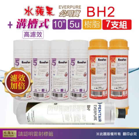 EssenPure 水蘋果 WAP-110高濾效10吋溝槽5uPP+樹脂濾心+Everpure公司貨BH2濾心(7支組)