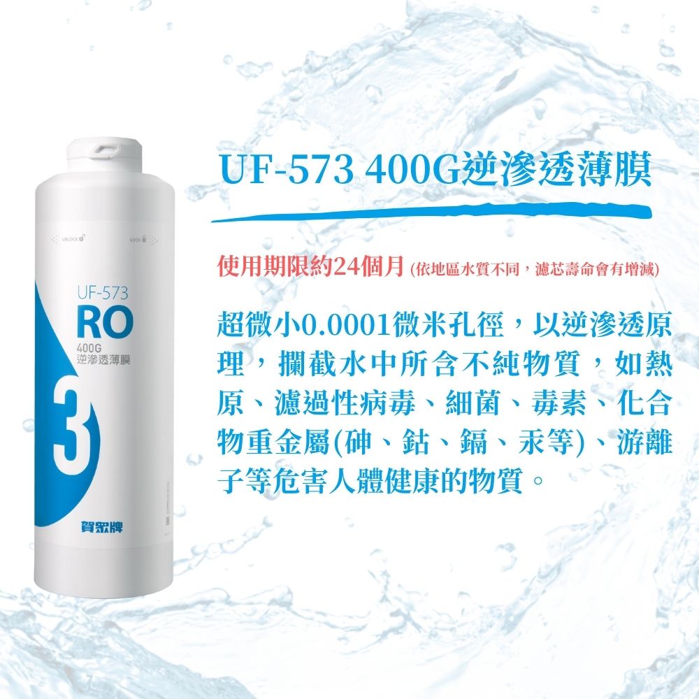 UF-573RO400G逆滲透薄膜3UF-573400G逆滲透薄膜使用期限約24個月(依地區水質不同,濾芯壽命會有增減)超微小0.0001微米孔徑,以逆滲透原理,攔截水中所含不純物質,如熱原、濾過性病毒、細菌、毒素、化合物重金屬(、、鎘、汞等)、游離子等危害人體健康的物質。賀眾牌