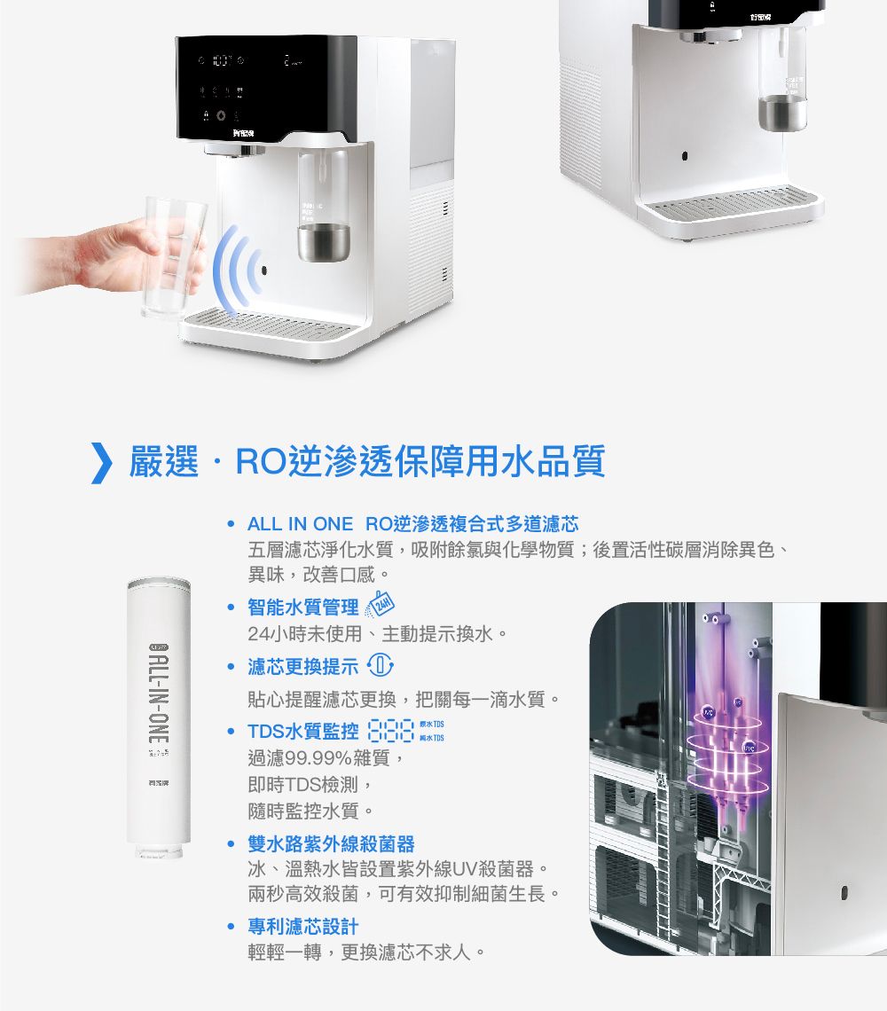 嚴選RO逆滲透保障用品質-IN-ONE  ALL IN ONE RO逆滲透複合式多道濾芯五層濾芯淨化水質,吸附餘氯與化學物質;後置活性碳層消除異色、異味,改善口感。智能水質管理24小時未使用、主動提示換水。濾芯更換提示貼心提醒濾芯更換,把關每一滴水質。S水質監控 水TD過濾99.99%雜質,即時TDS檢測,隨時監控水質。雙水路紫外線殺菌器冰、溫熱水皆設置紫外線UV殺菌器。兩秒高效殺菌,可有效抑制細菌生長。專利濾芯設計輕輕一轉,更換濾芯不求人。