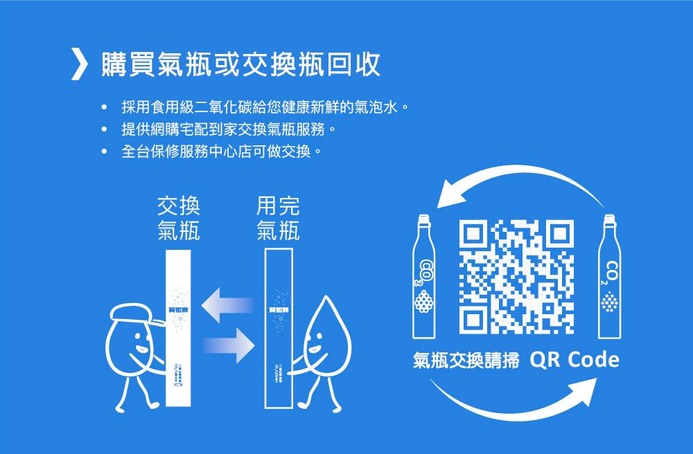 購買氣瓶或交換瓶回收採用食用級二氧化碳給您健康新鮮的氣泡水。提供網購宅配到家交換氣瓶服務。全台保修服務中心店可做交換。交換用完氣瓶氣瓶氣瓶交換請掃QR Code