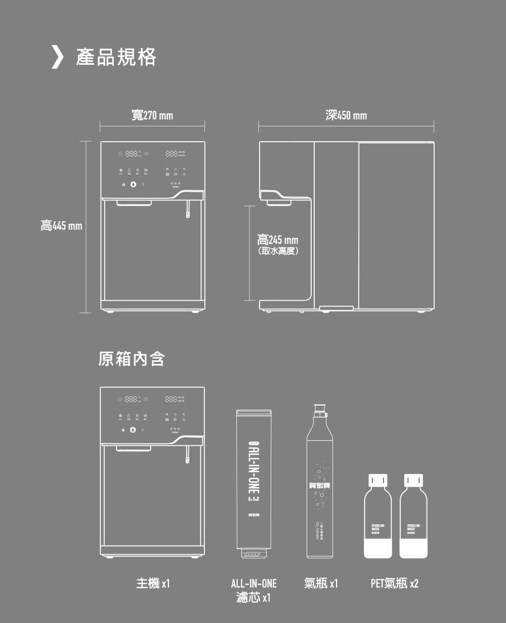 產品規格高445 深450 寬270 mm原箱內含高245 mm(取水高度) ALL-IN-ONE 主機 x1ALL-IN-ONE濾芯 x1賀眾牌氣瓶 x1PET氣瓶 x2