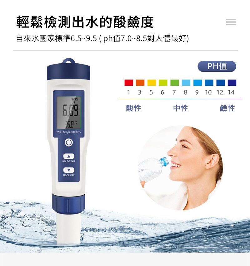 輕鬆檢測出水的酸鹼度自來水國家標準6.5~9.5 ( ph值7.0~8.5對人體最好)值1 3 5 6 7 8 9 10 12 14酸性中性鹼性ECPHSALINITYHOLDMODE/CAL