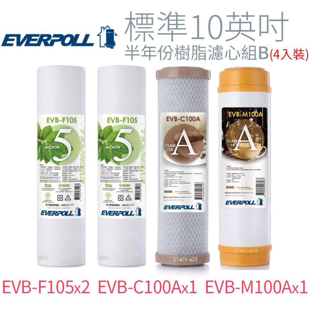 EVERPOLL 愛科濾淨 標準10英吋 半年份樹脂濾心組B (4入)