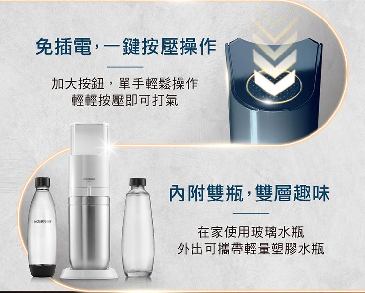 免插電,一鍵按壓操作加大按鈕,單手輕鬆操作輕輕按壓即可打氣內附雙瓶,雙層趣味在家使用玻璃水瓶外出可攜帶輕量塑膠水瓶