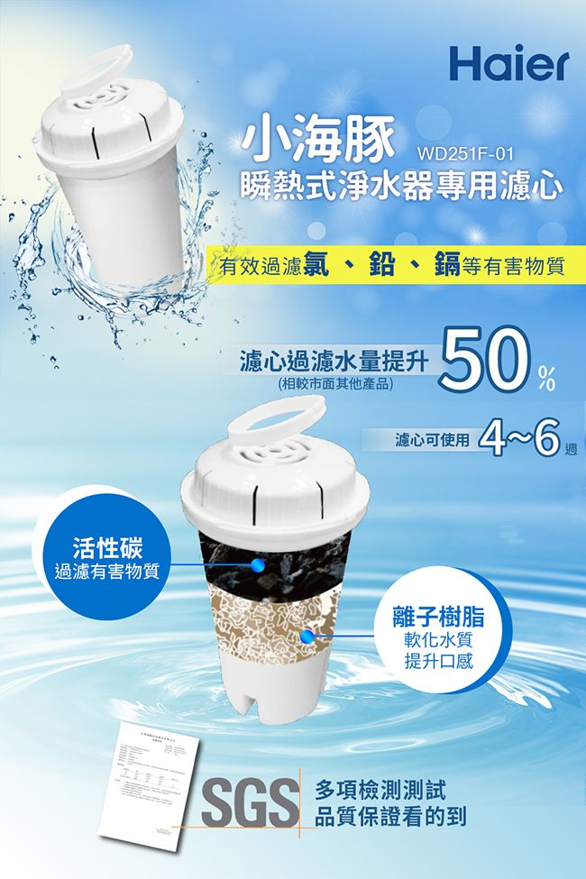 活性碳過有害物質小海豚HaierWD251F-01瞬熱式淨水器專用濾心有效過濾氯、鉛、鎘等有害物質濾心過濾水量提升(相較市面其他產品)50%濾心可使用4~6離子樹脂軟化水質提升口感多項檢測測試SGS 保證的到