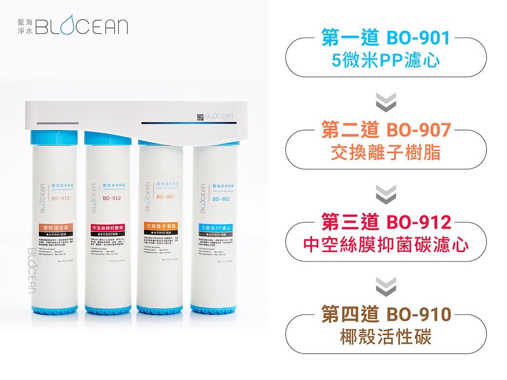 BLOCEANBLOCEANBLOCEAN-910-912椰殼活性碳中空絲 樹脂 PP第一道 BO-9015微米PP濾心BLOCEANBLOCEANBO-901第二道 BO-907交換離子樹脂第三道 BO-912中空絲膜抑菌碳濾心第四道 BO-910椰殼活性碳